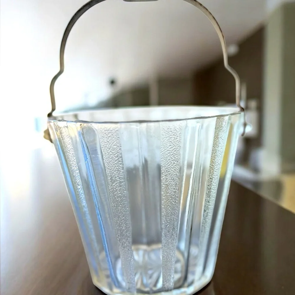 Vintage Heller Elegant Glass Ice Bucket Clear Textured w/ Metal Handle